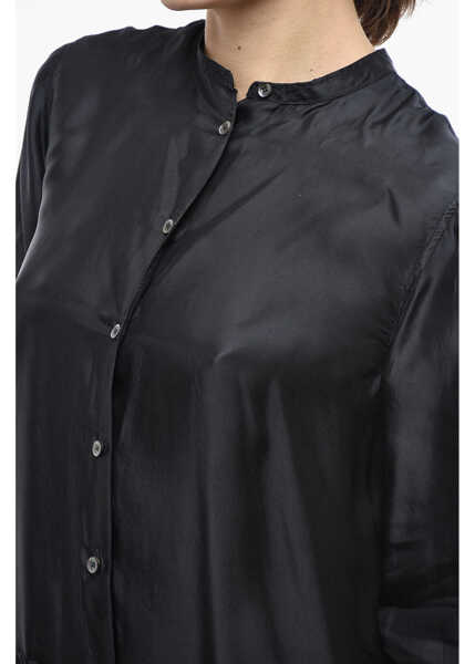 Rochii scurte Aspesi Viscose Satin Shirt Dress With Pleated Skirt Black Femei (BM 19522244) 3