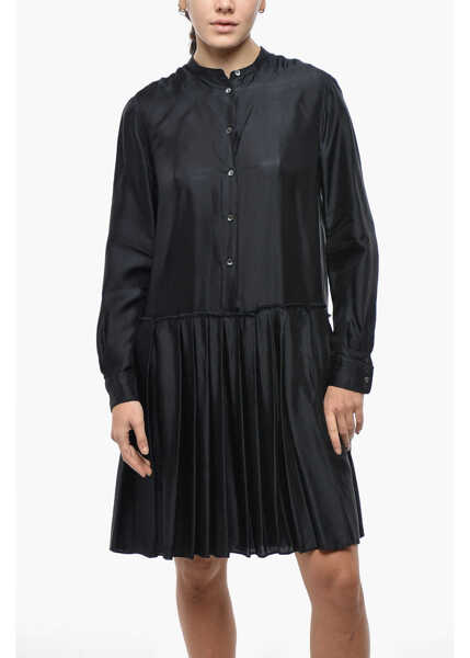 Rochii scurte Aspesi Viscose Satin Shirt Dress With Pleated Skirt Black Femei (BM 19522244) 4