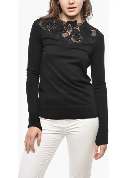 Pulovere Ermanno Scervino Merino Wool Sweater With Lace Detail Black Femei (BM 19522328) 1