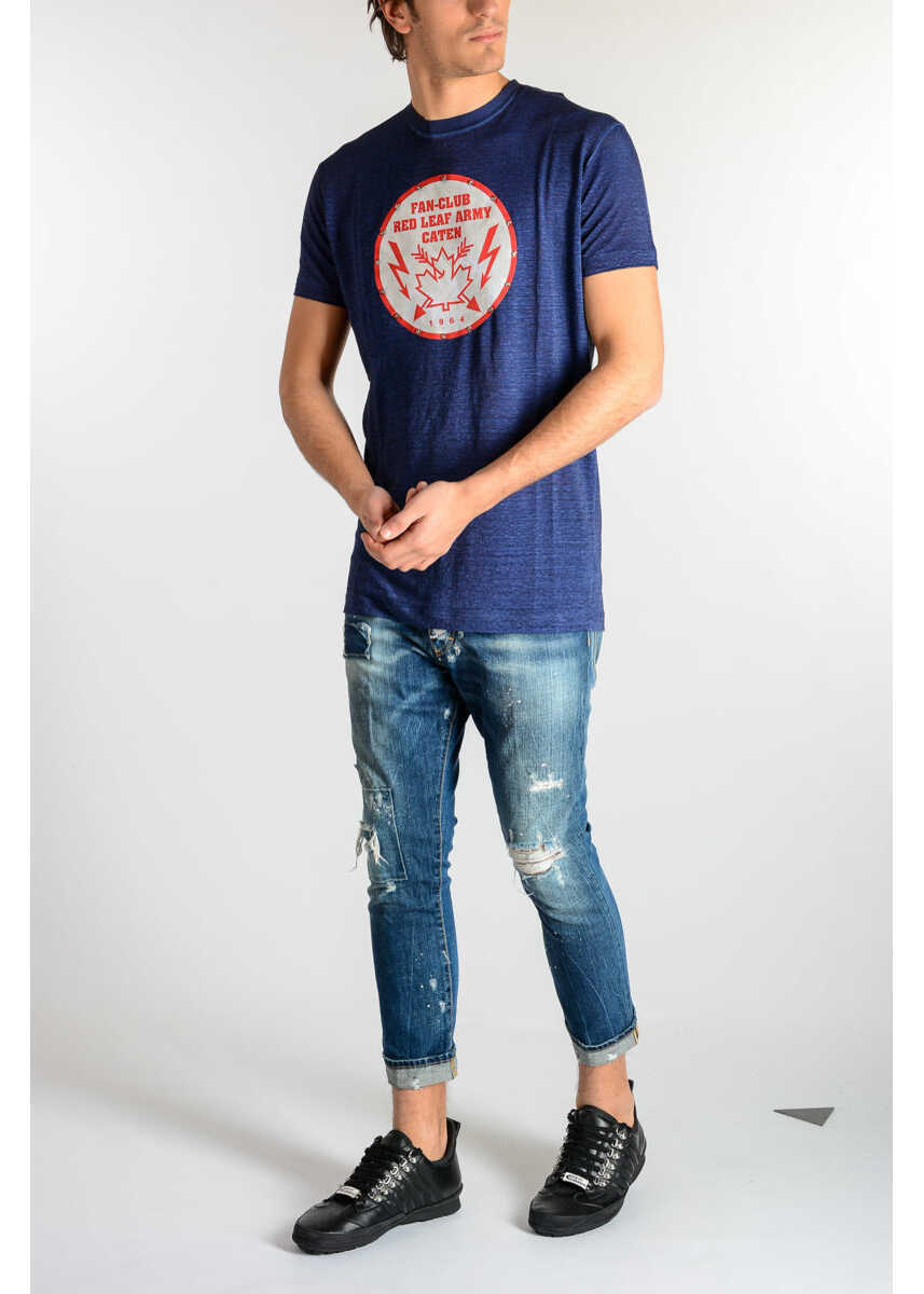 Tricouri DSQUARED2 Studded Stretch Linen T-Shirt With Patch Blue Barbati (BM 19546805) 4