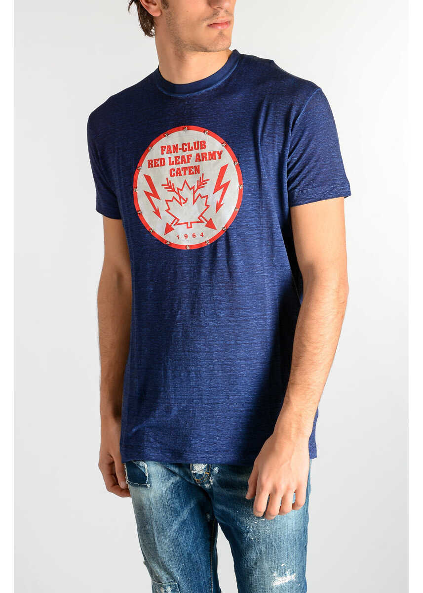 Tricouri DSQUARED2 Studded Stretch Linen T-Shirt With Patch Blue Barbati (BM 19546805) 1