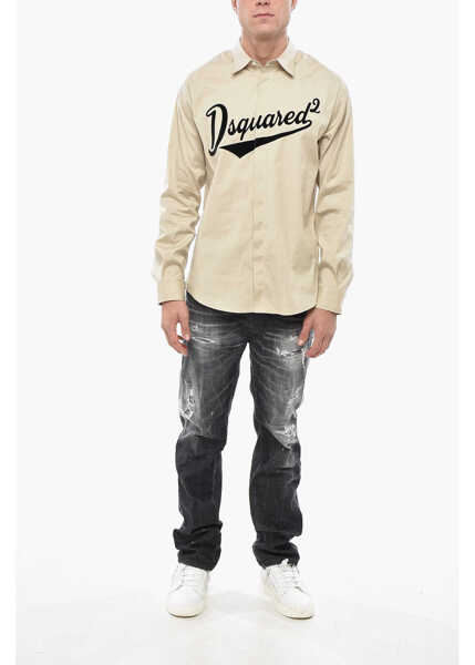 Camasi casual DSQUARED2 Dropped Shoulder College Shirt With Flocked Logo Beige Barbati (BM 19549967) 4