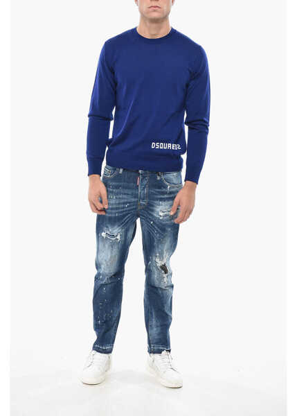 Pulovere DSQUARED2 Crew Neck Virgin Wool Sweater With Flocked Logo Blue Barbati (BM 19551212) 4