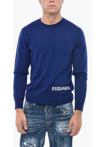 Pulovere DSQUARED2 Crew Neck Virgin Wool Sweater With Flocked Logo Blue Barbati (BM 19551212) 1