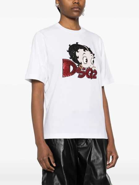 Tricouri DSQUARED2 Crew Neck Betty Boop T-Shirt With Sequined Embroidery White Femei (BM 19580888) 3
