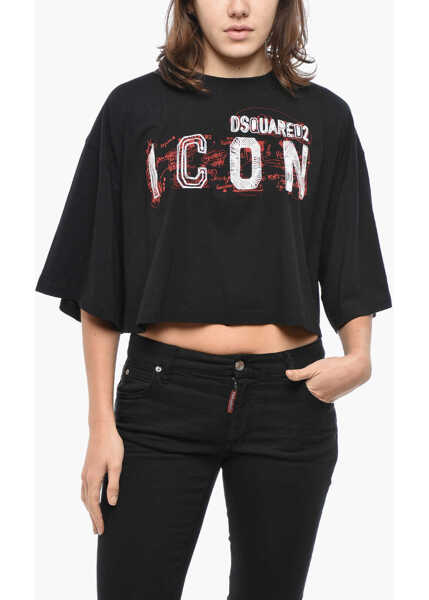 Tricouri DSQUARED2 Printed Icon Cropped Fit T-Shirt Black Femei (BM 19581050) 1