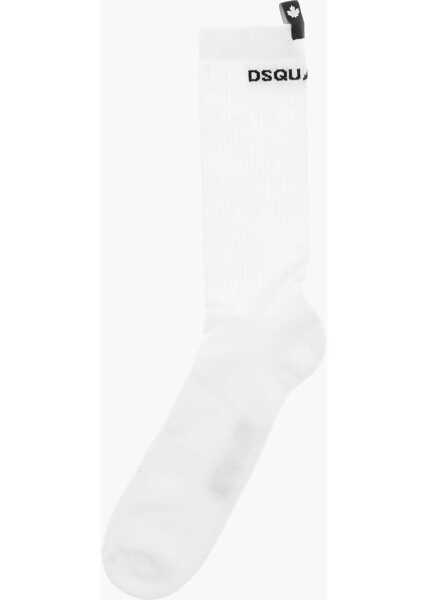 Sosete DSQUARED2 Solid Color Long Socks With Embroidery Logo White Barbati (BM 19589939) 3