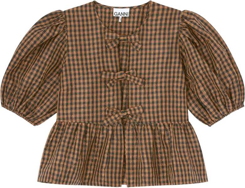 Bluze Ganni Blouse in crinkled checked taffeta TOBACCO BROWN Femei (BM 19595474) 1