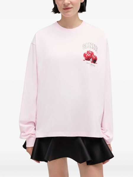 Tricouri Ganni Long-Sleeve T-shirt with cherries print CHALK PINK Femei (BM 19595492) 3