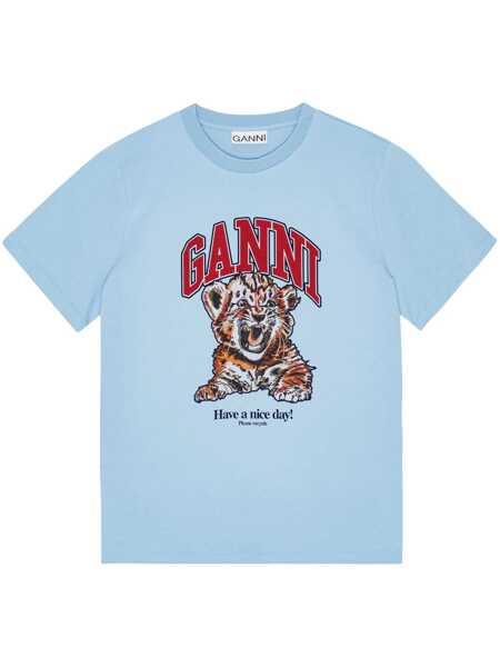 Tricouri Ganni Cotton t-shirt with print Light blue Femei (BM 19596549) 1