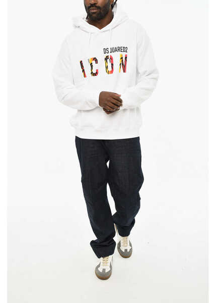 Hanorace DSQUARED2 Icon Fleeced-Cotton Sweatshirt With Frontal Print White Barbati (BM 19605653) 4