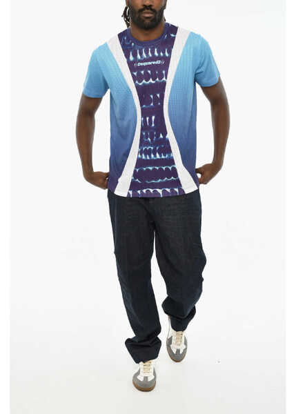 Tricouri DSQUARED2 Perforated Cigarette Fit Crew-Neck T-Shirt With Gradient Det Blue Barbati (BM 19605689) 4