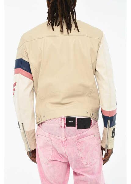 Geci de piele DSQUARED2 Textured Leather Jacket With Perforated Details Beige Barbati (BM 19605692) 2