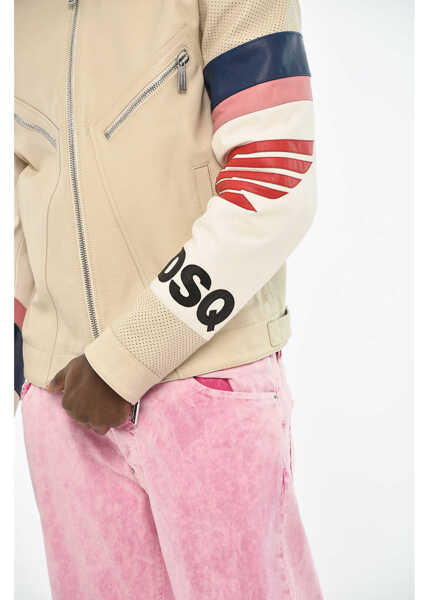 Geci de piele DSQUARED2 Textured Leather Jacket With Perforated Details Beige Barbati (BM 19605692) 3