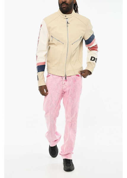 Geci de piele DSQUARED2 Textured Leather Jacket With Perforated Details Beige Barbati (BM 19605692) 4