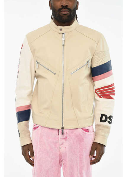 Geci de piele DSQUARED2 Textured Leather Jacket With Perforated Details Beige Barbati (BM 19605692) 1