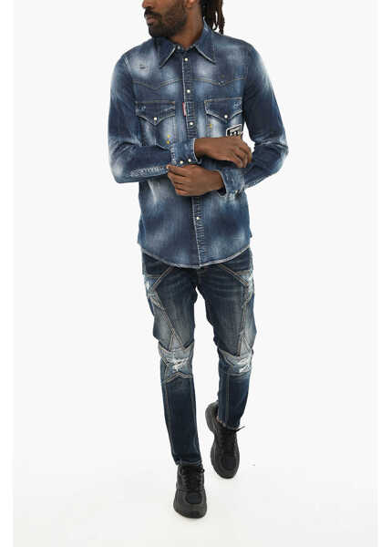 Camasi de blugi DSQUARED2 Vintage Effect Denim Overshirt With Snap Buttons Blue Barbati (BM 19605743) 4