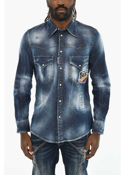 Camasi de blugi DSQUARED2 Vintage Effect Denim Overshirt With Snap Buttons Blue Barbati (BM 19605743) 1