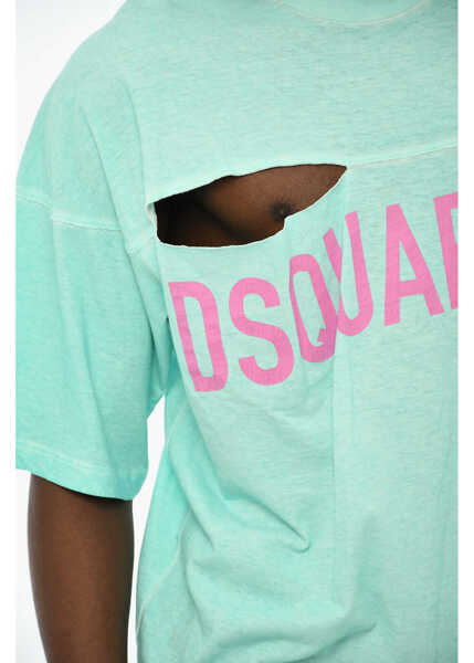 Tricouri DSQUARED2 Cotton Crew-Neck T-Shirt With Distressed Detail Blue Barbati (BM 19605752) 3