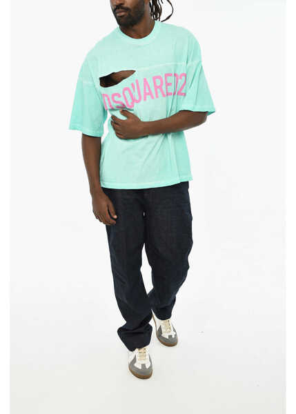 Tricouri DSQUARED2 Cotton Crew-Neck T-Shirt With Distressed Detail Blue Barbati (BM 19605752) 4