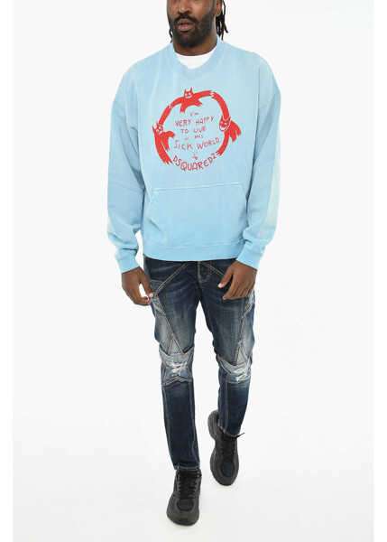 Bluze de trening DSQUARED2 Brushed Cotton Crew-Neck Sweatshirt With Patch Pocket Blue Barbati (BM 19605893) 4