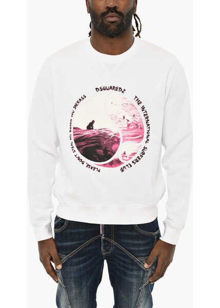 Bluze de trening DSQUARED2 Fleeced-Cotton Crew-Neck Sweatshirt With Frontal Print White Barbati (BM 19605929) 1
