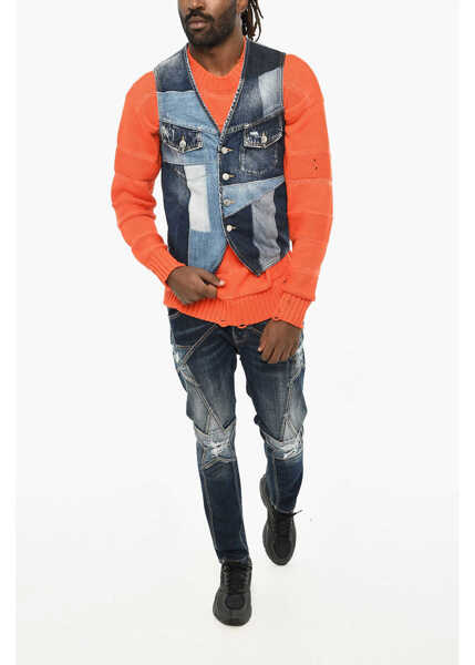 Veste costum DSQUARED2 Patchwork Effect Denim Vest Blue Barbati (BM 19605944) 4