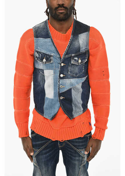 Veste costum DSQUARED2 Patchwork Effect Denim Vest Blue Barbati (BM 19605944) 1