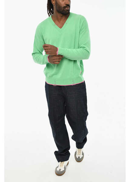 Pulovere DSQUARED2 Distressed Effect Virgin Wool Effect V-Neck Sweater Green Barbati (BM 19606085) 4