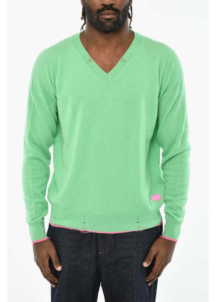 Pulovere DSQUARED2 Distressed Effect Virgin Wool Effect V-Neck Sweater Green Barbati (BM 19606085) 1