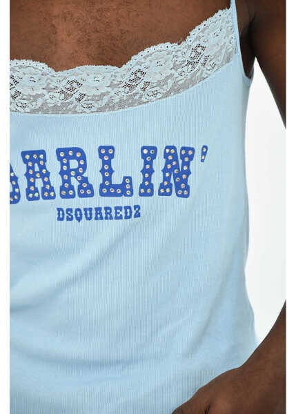 Maiouri DSQUARED2 Ribbed Tank Top With Lace Light Blue Barbati (BM 19606097) 3