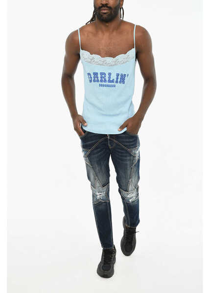 Maiouri DSQUARED2 Ribbed Tank Top With Lace Light Blue Barbati (BM 19606097) 4