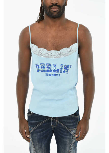 Maiouri DSQUARED2 Ribbed Tank Top With Lace Light Blue Barbati (BM 19606097) 1