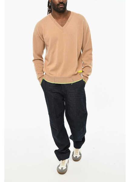 Pulovere DSQUARED2 Distressed Effect Virgin Wool Effect V-Neck Sweater Brown Barbati (BM 19606124) 4