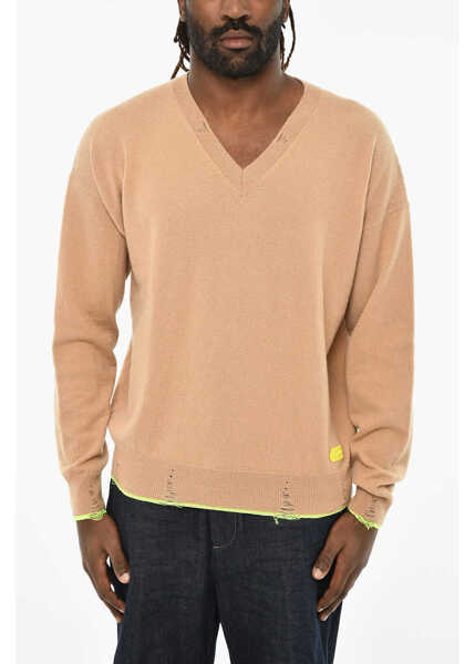 Pulovere DSQUARED2 Distressed Effect Virgin Wool Effect V-Neck Sweater Brown Barbati (BM 19606124) 1