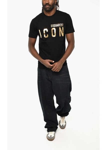 Tricouri DSQUARED2 Icon Cotton Crew-Neck T-Shirt With Golden Effect Logo Black Barbati (BM 19616318) 4