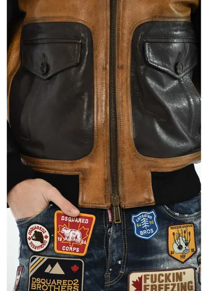 Geci de piele DSQUARED2 Textured Leather Two-Tone Jacket Brown Barbati (BM 19621682) 3