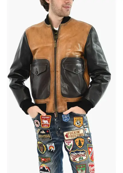 Geci de piele DSQUARED2 Textured Leather Two-Tone Jacket Brown Barbati (BM 19621682) 1