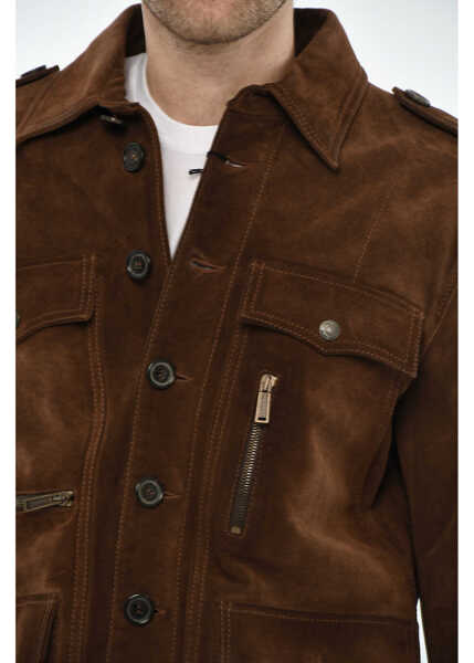 Geci de piele DSQUARED2 Suede Leather Utility Jacket With Logoed Buttons Brown Barbati (BM 19621691) 3