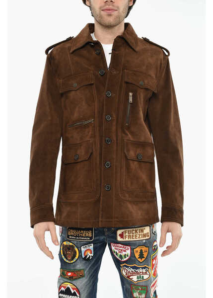Geci de piele DSQUARED2 Suede Leather Utility Jacket With Logoed Buttons Brown Barbati (BM 19621691) 1