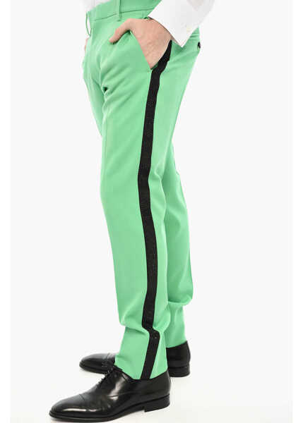 Pantaloni casual DSQUARED2 Virgin Wool Cigarette Fit Pants With Rhinestone Side Band Green Barbati (BM 19621697) 3
