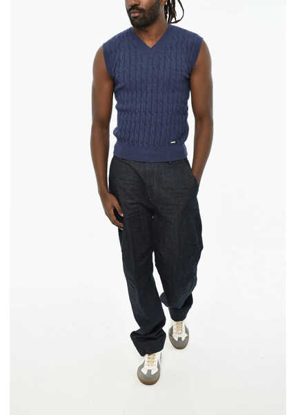 Pulovere DSQUARED2 Cable Knit Sleeveless V-Neck Sweater Blue Barbati (BM 19621721) 4