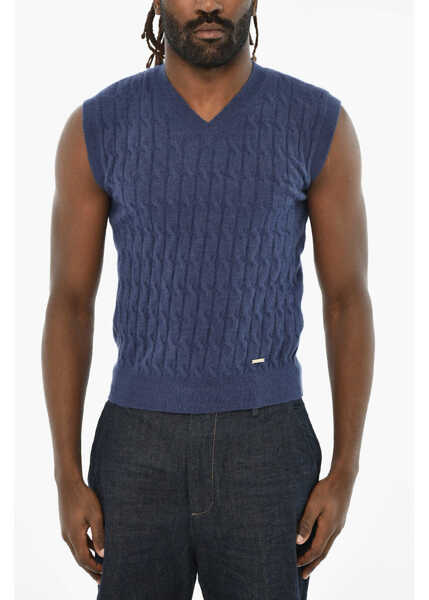 Pulovere DSQUARED2 Cable Knit Sleeveless V-Neck Sweater Blue Barbati (BM 19621721) 1