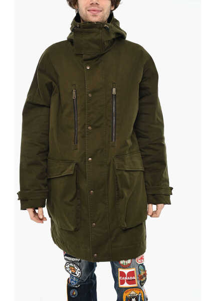 Paltoane DSQUARED2 Cotton Coat With Hidden Closure And Hood Green Barbati (BM 19621724) 1