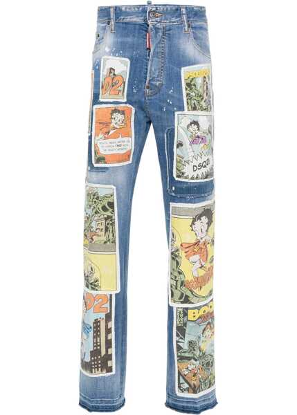Blugi drepti DSQUARED2 Distressed Effect 624 Jeans With Betty Boop Patch 20Cm Blue Barbati (BM 19639208) 1