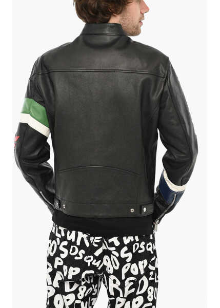 Geci de piele DSQUARED2 Honda Textured Leather Jacket With Logo Button Black Barbati (BM 19639490) 2