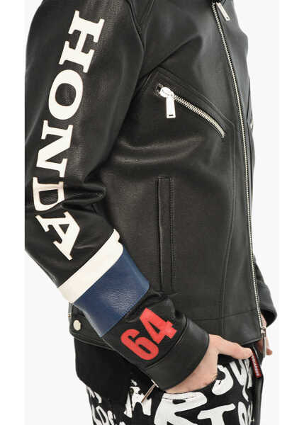 Geci de piele DSQUARED2 Honda Textured Leather Jacket With Logo Button Black Barbati (BM 19639490) 3