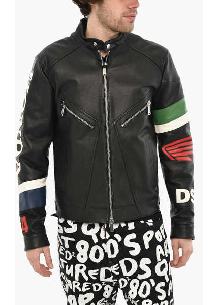 Geci de piele DSQUARED2 Honda Textured Leather Jacket With Logo Button Black Barbati (BM 19639490) 1