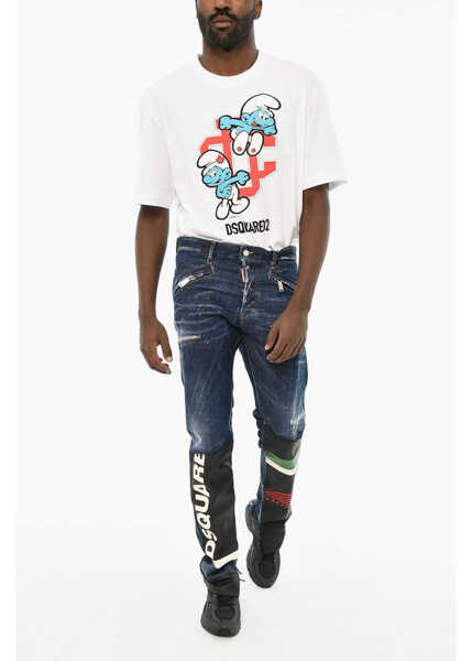 Blugi drepti DSQUARED2 Vintage Effect Jeans With Faux Leather Back 16Cm Blue Barbati (BM 19639595) 4