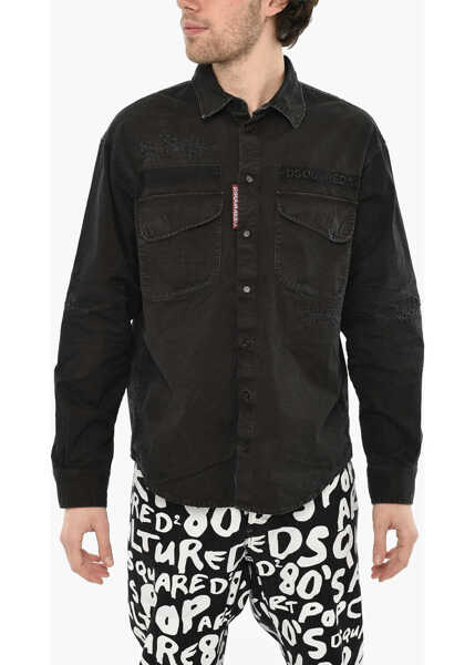 Camasi casual DSQUARED2 Vintage Effect Overshirt With Embossed Logo Black Barbati (BM 19639640) 1